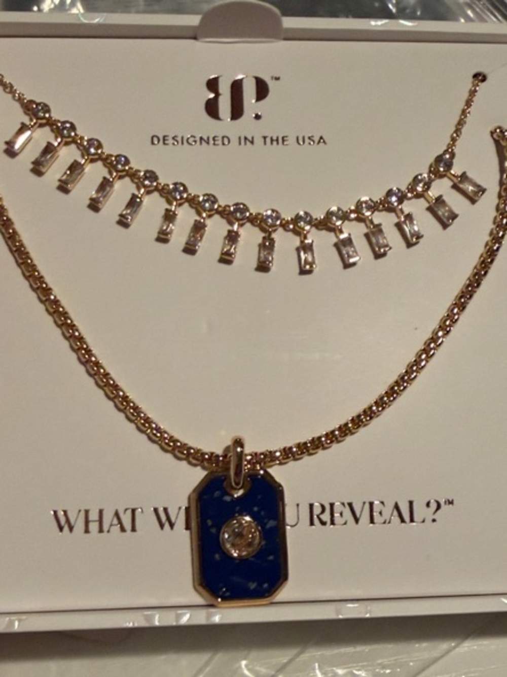 Gold-Tone Layered Necklace Set with Blue Enamel Pendant by JP